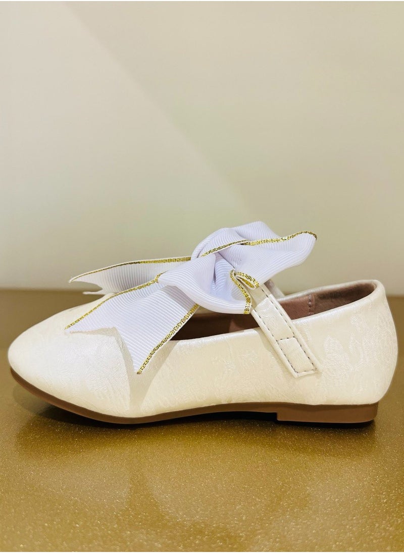 Kids Beige Party Shoes with White Ribbon for Birthday and Special Occasions Kids Shoes