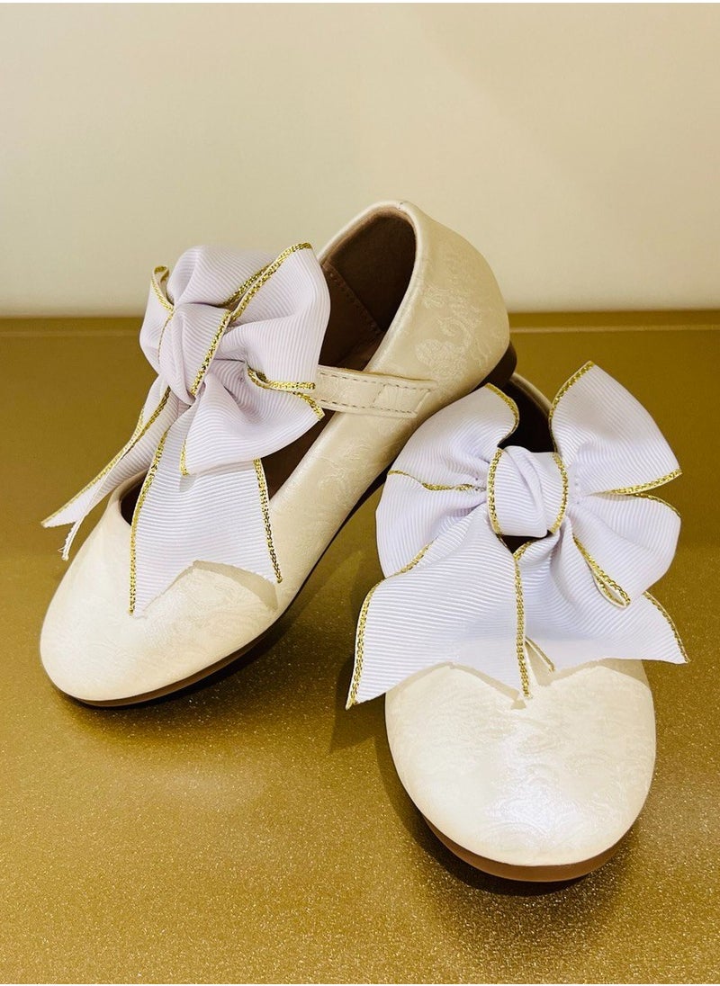 Kids Beige Party Shoes with White Ribbon for Birthday and Special Occasions Kids Shoes