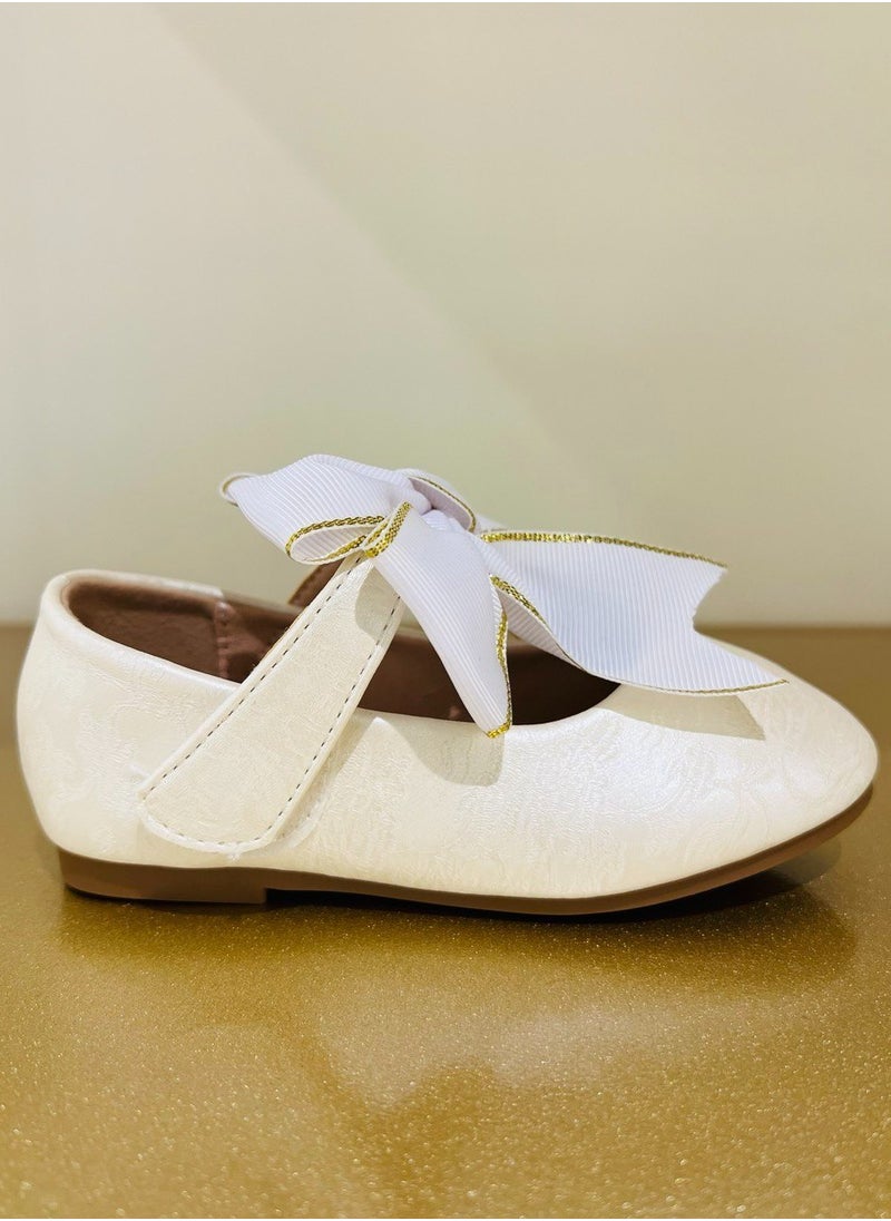 Kids Beige Party Shoes with White Ribbon for Birthday and Special Occasions Kids Shoes