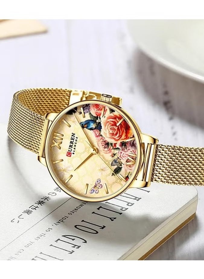 Women's Flower Watch, Mesh Stainless Steel Band Wrist Watch-Gold