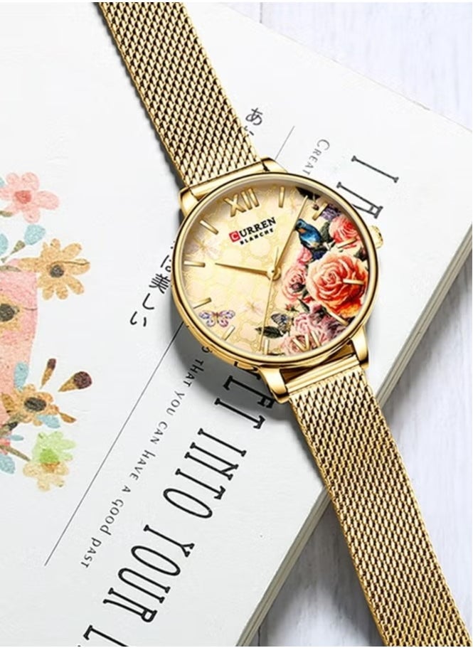 Women's Flower Watch, Mesh Stainless Steel Band Wrist Watch-Gold