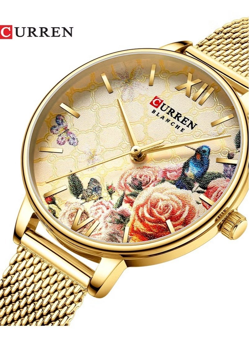 Women's Flower Watch, Mesh Stainless Steel Band Wrist Watch-Gold
