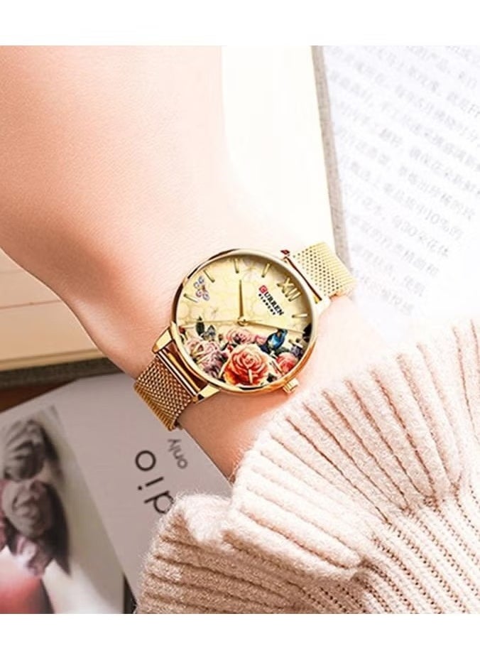 Women's Flower Watch, Mesh Stainless Steel Band Wrist Watch-Gold