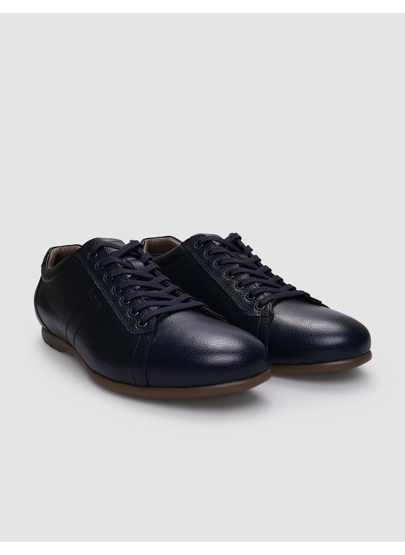 Genuine Leather Navy Blue Lace-Up Men's Casual Shoes