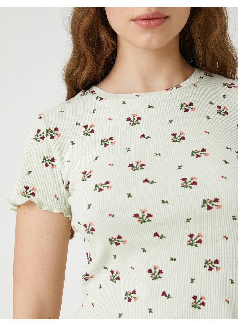 Crop T-Shirt Short Sleeve Floral Printed Crew Neck