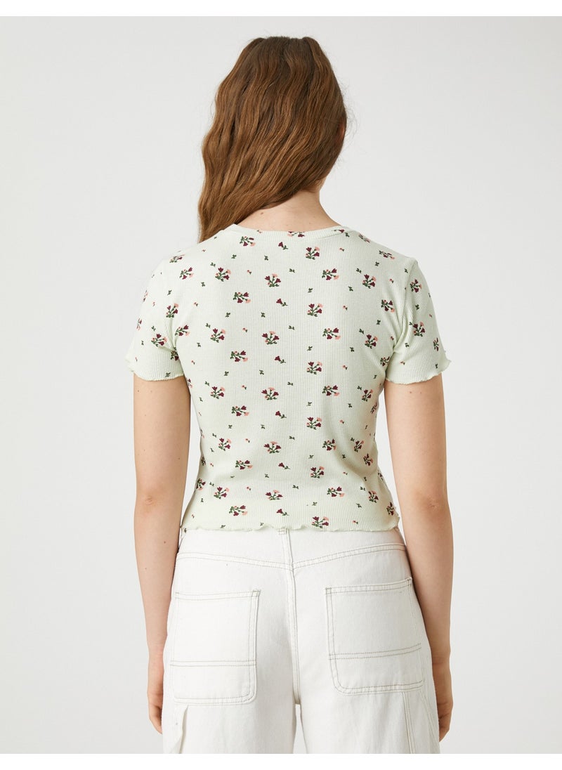 Crop T-Shirt Short Sleeve Floral Printed Crew Neck