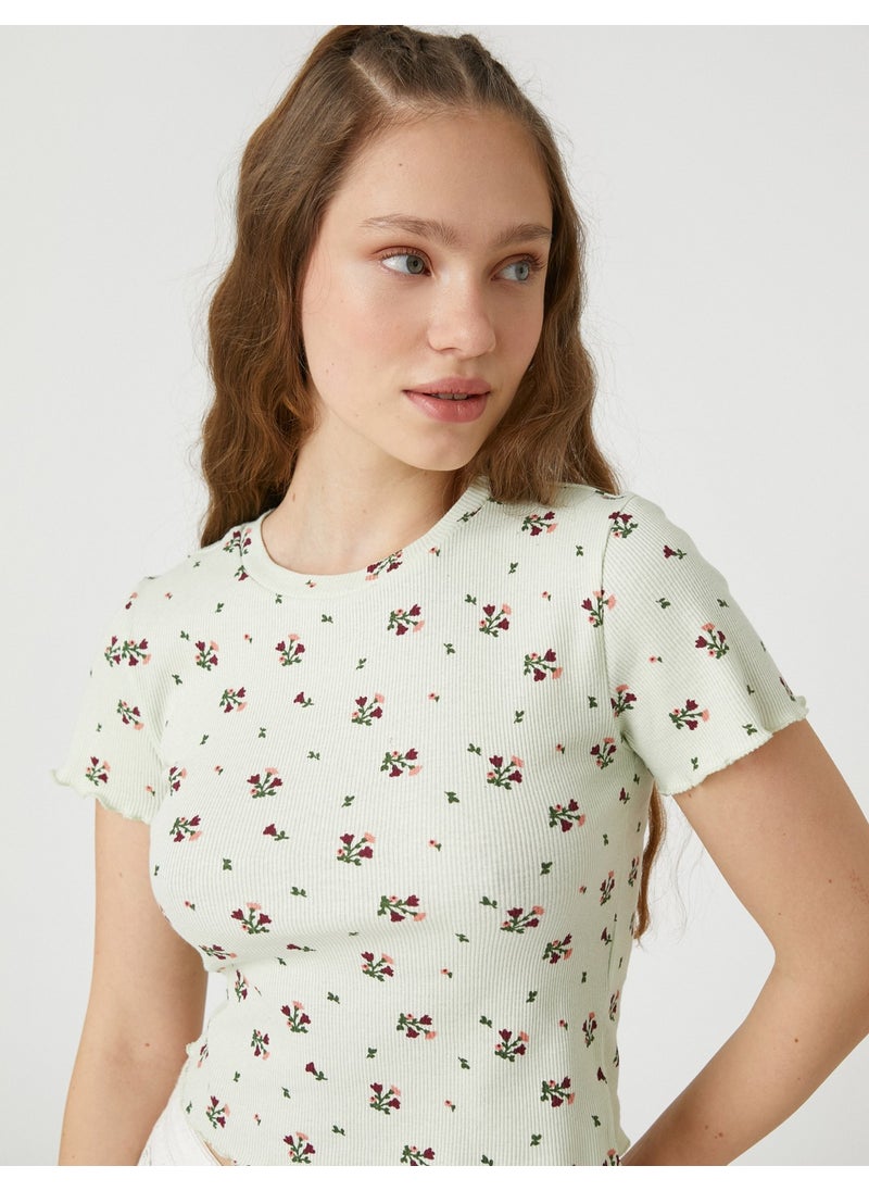 Crop T-Shirt Short Sleeve Floral Printed Crew Neck