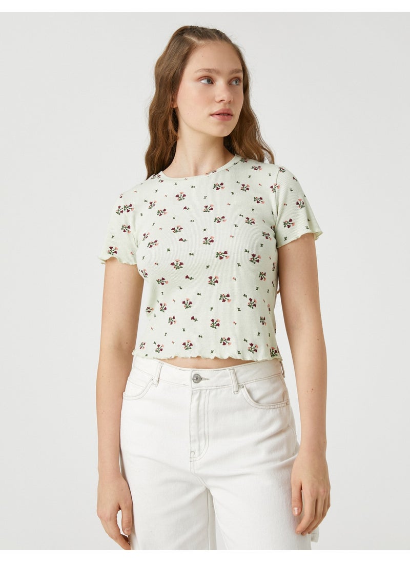 Crop T-Shirt Short Sleeve Floral Printed Crew Neck