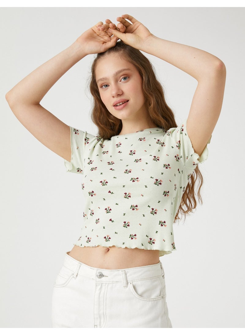 Crop T-Shirt Short Sleeve Floral Printed Crew Neck