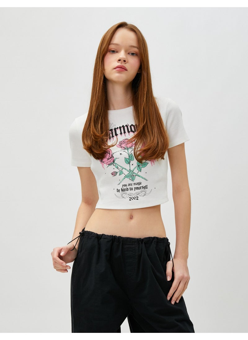 Crop T-Shirt Printed Short Sleeve Crew Neck Cotton