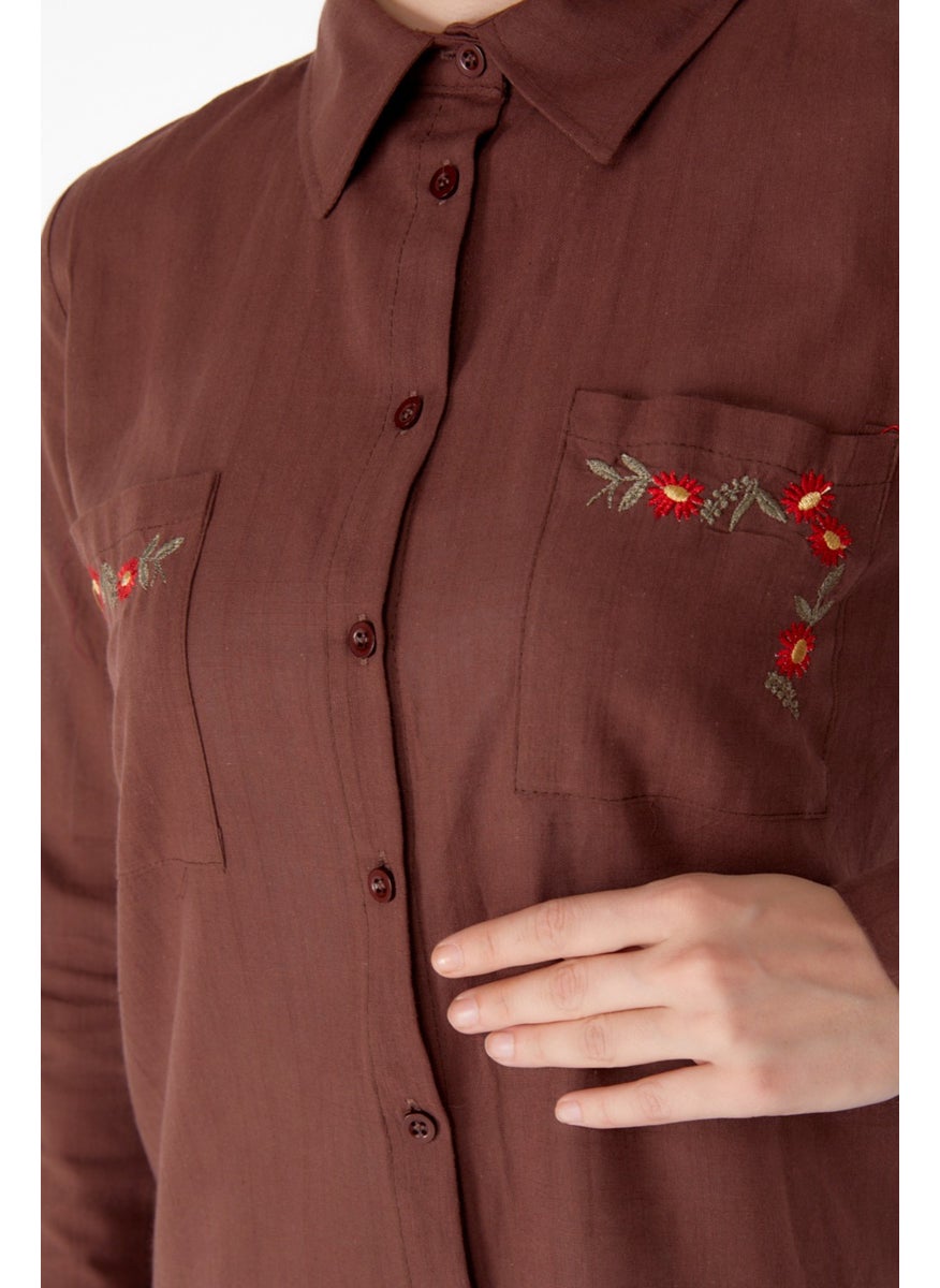 Plain Shirt Collar Women's Brown Pocket Embroidery Detail Tunic - 13170