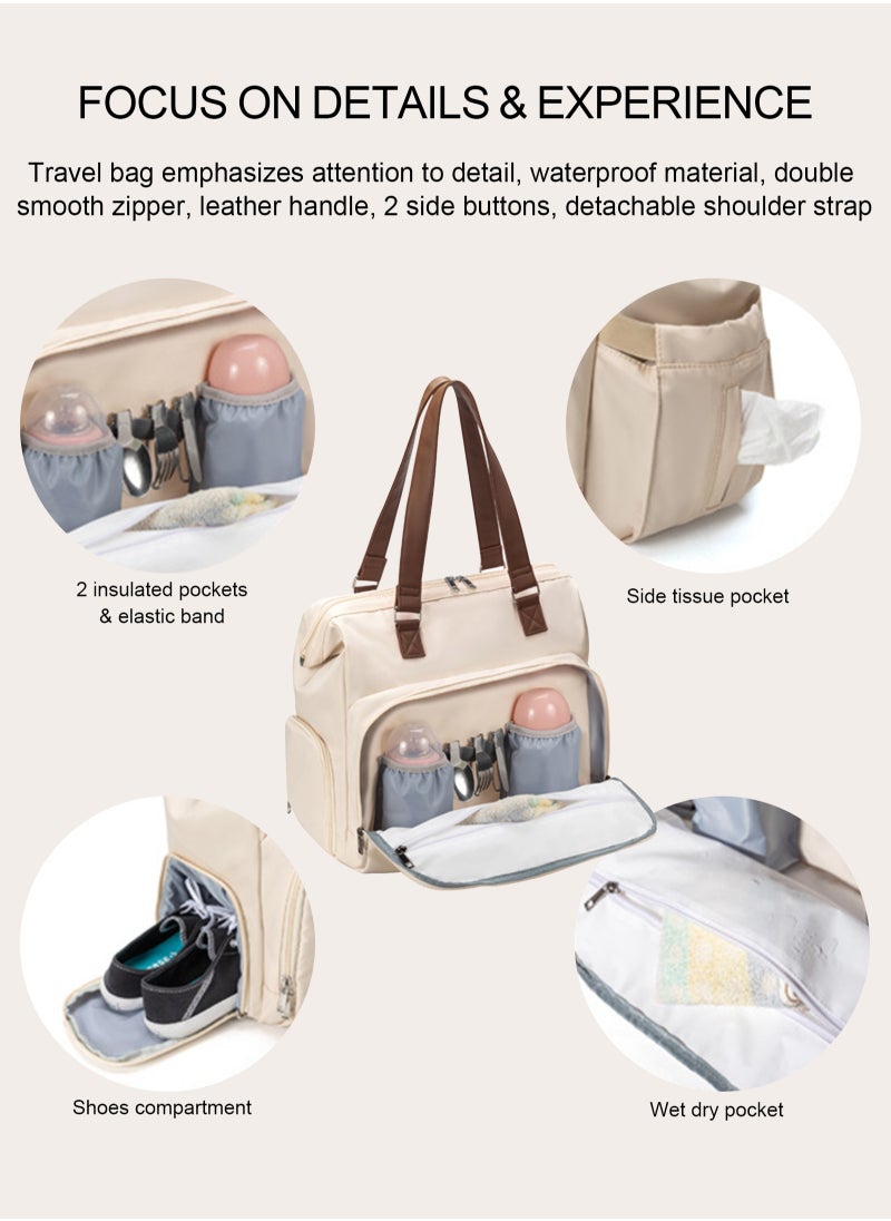 Diaper Bag Backpack Baby Bag, 4 in 1 Diaper Bag Tote, Mom Bag for Hospital with 14 Pockets, Diaper Tote Bag for Labor & Delivery, Large Waterproof Baby Travel Bag with 2 Insulated Pockets, Beige