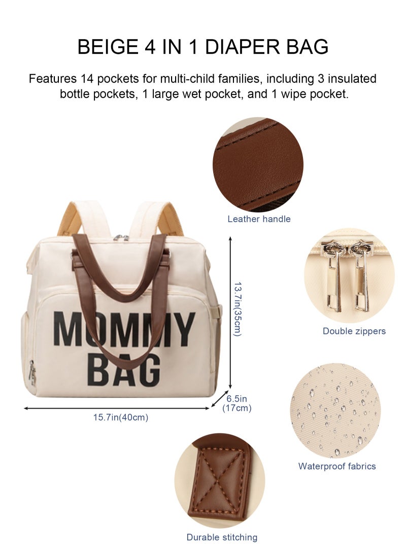 Diaper Bag Backpack Baby Bag, 4 in 1 Diaper Bag Tote, Mom Bag for Hospital with 14 Pockets, Diaper Tote Bag for Labor & Delivery, Large Waterproof Baby Travel Bag with 2 Insulated Pockets, Beige