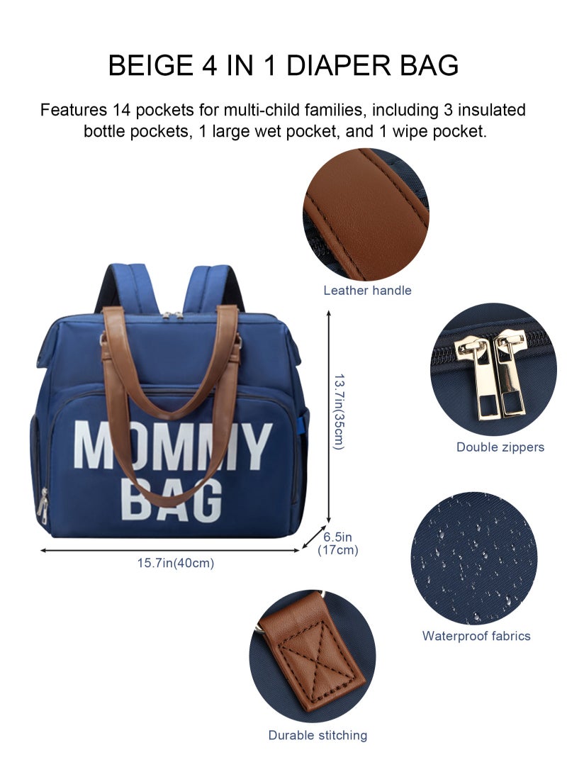 Diaper Bag Backpack Baby Bag, 4 in 1 Diaper Bag Tote, Mom Bag for Hospital with 14 Pockets, Diaper Tote Bag for Labor & Delivery, Large Waterproof Baby Travel Bag with 2 Insulated Pockets, Blue