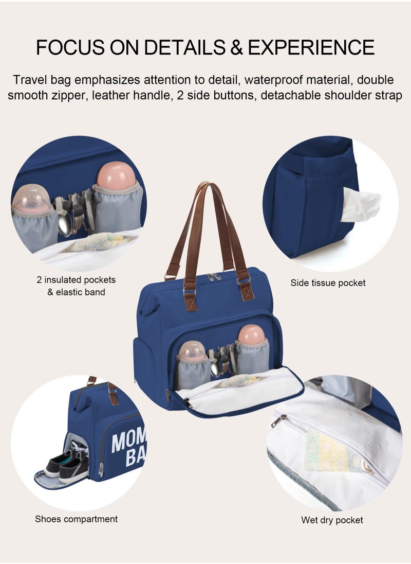 Diaper Bag Backpack Baby Bag, 4 in 1 Diaper Bag Tote, Mom Bag for Hospital with 14 Pockets, Diaper Tote Bag for Labor & Delivery, Large Waterproof Baby Travel Bag with 2 Insulated Pockets, Blue