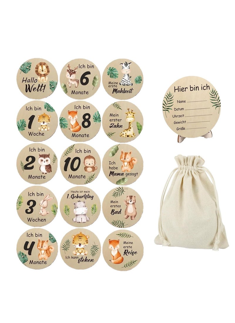 Monthly Milestone Photo Cards For Baby's First Year 15 Pieces Wooden Newborn Welcome Discs Sign Double Sided Photo Prop With Stand Exquisite Animal Pattern Pregnancy Journey Milestone Markers