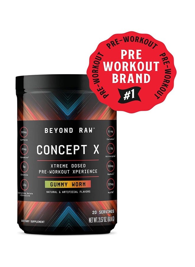 BEYOND RAW Concept X | Clinically Dosed Pre-Workout Powder | Contains Caffeine, L-Citrulline, Creatine, and Beta-Alanine | Gummy Worm | 20 Servings