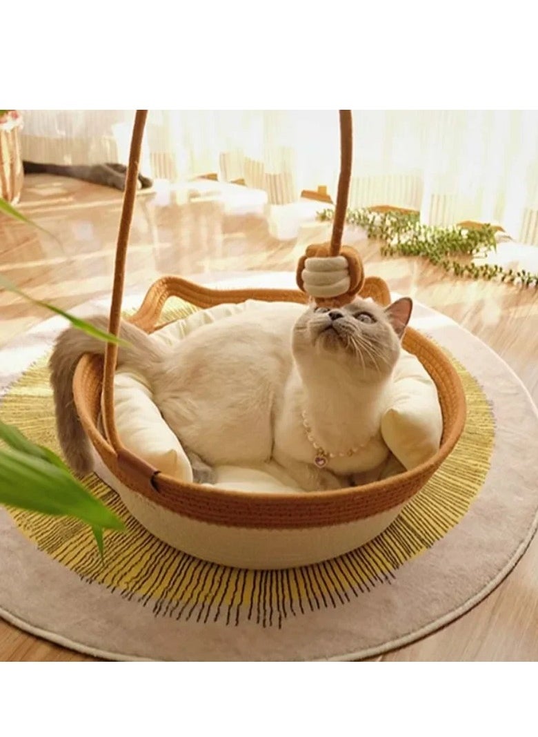 Handwoven Cotton Rope Cat Bed Cat Hammock Foldable Sleeping Nest Basket Handmade Natural Cradle Scratcher Cuddler for Kitten Cute Style with a Playing Rope Ball