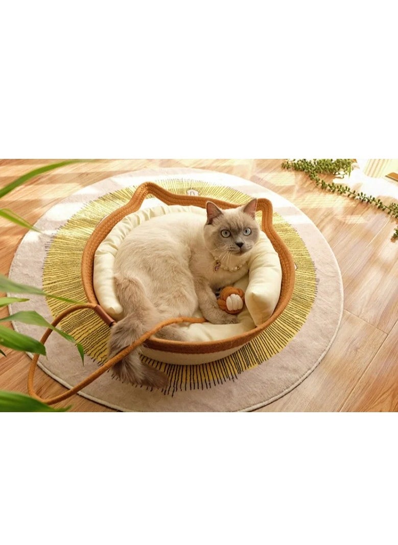 Handwoven Cotton Rope Cat Bed Cat Hammock Foldable Sleeping Nest Basket Handmade Natural Cradle Scratcher Cuddler for Kitten Cute Style with a Playing Rope Ball