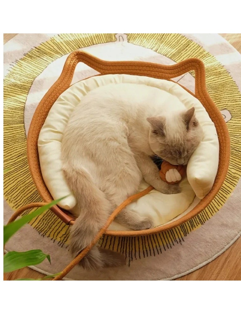 Handwoven Cotton Rope Cat Bed Cat Hammock Foldable Sleeping Nest Basket Handmade Natural Cradle Scratcher Cuddler for Kitten Cute Style with a Playing Rope Ball