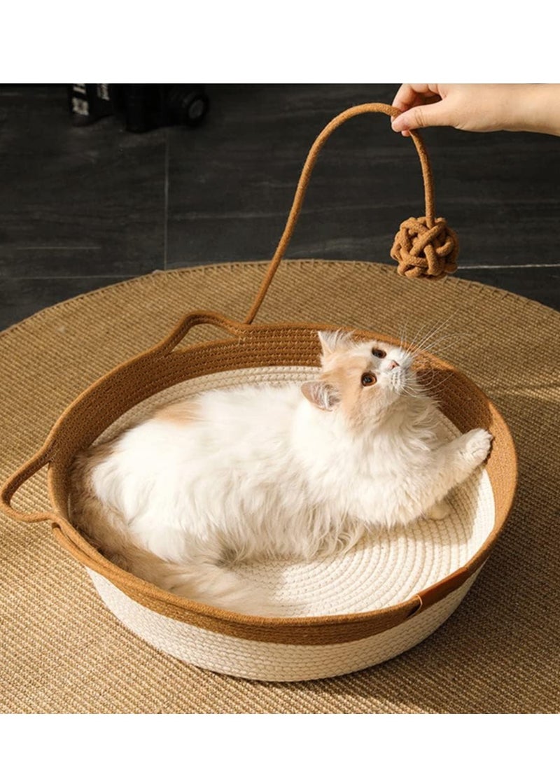 Handwoven Cotton Rope Cat Bed Cat Hammock Foldable Sleeping Nest Basket Handmade Natural Cradle Scratcher Cuddler for Kitten Cute Style with a Playing Rope Ball