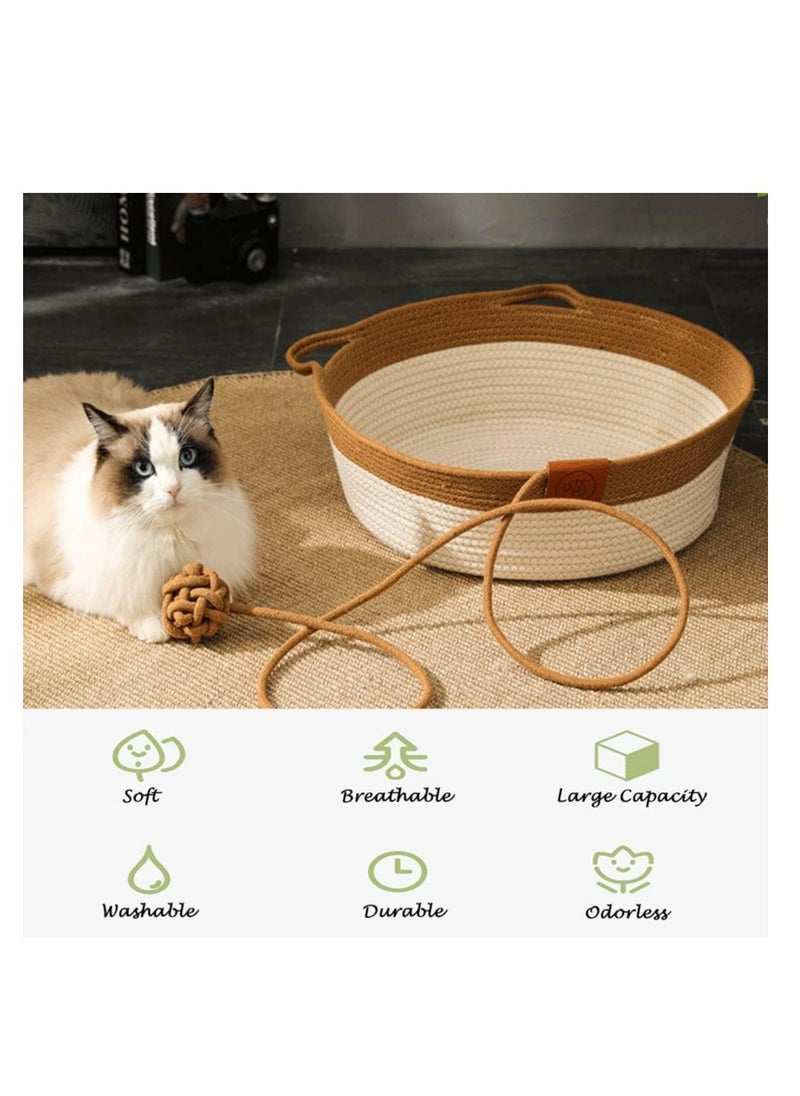Handwoven Cotton Rope Cat Bed Cat Hammock Foldable Sleeping Nest Basket Handmade Natural Cradle Scratcher Cuddler for Kitten Cute Style with a Playing Rope Ball