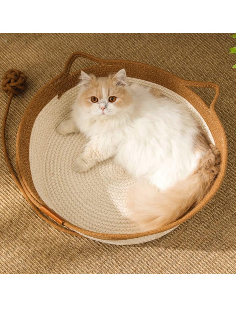 Handwoven Cotton Rope Cat Bed Cat Hammock Foldable Sleeping Nest Basket Handmade Natural Cradle Scratcher Cuddler for Kitten Cute Style with a Playing Rope Ball