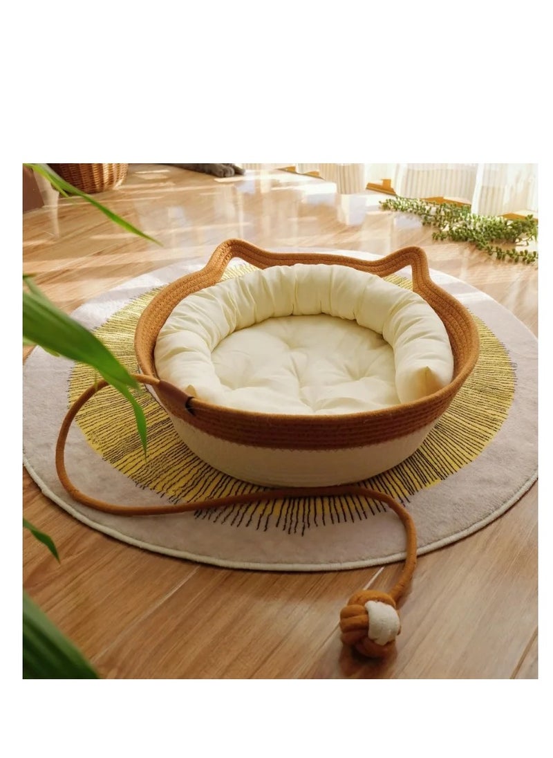 Handwoven Cotton Rope Cat Bed Cat Hammock Foldable Sleeping Nest Basket Handmade Natural Cradle Scratcher Cuddler for Kitten Cute Style with a Playing Rope Ball