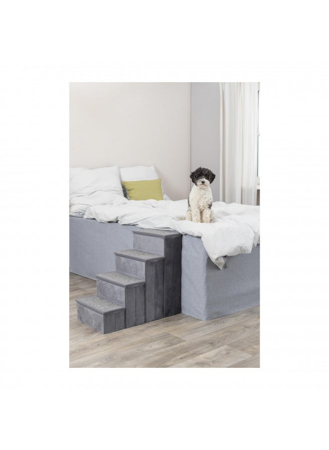 TRIXIE Velour 4-Step Pet Stairs with Storage, Collapsible, Storage Compartments for Pet Toys