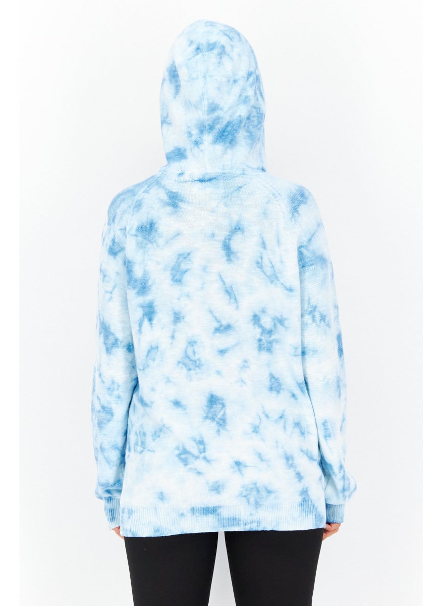 Women Tie Dye Long Sleeves Hoodies, Blue