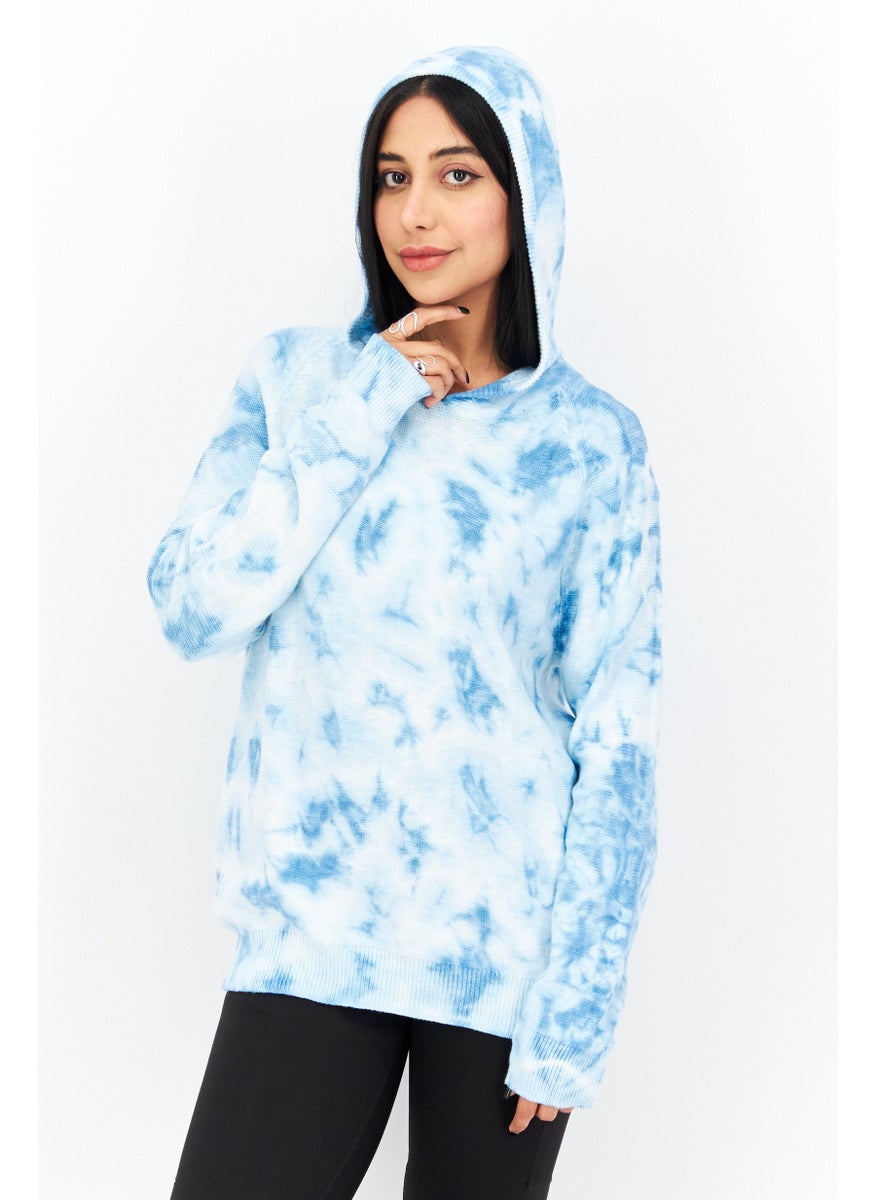 Women Tie Dye Long Sleeves Hoodies, Blue