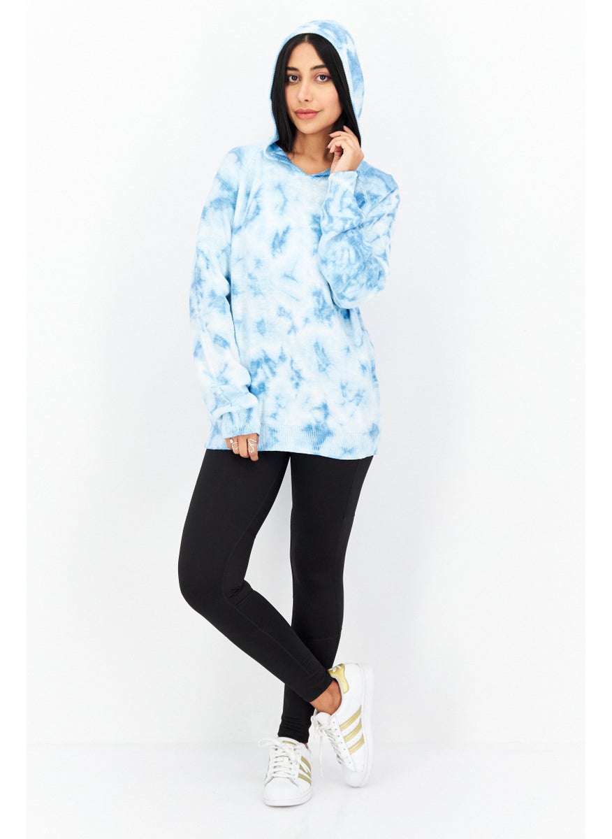 Women Tie Dye Long Sleeves Hoodies, Blue
