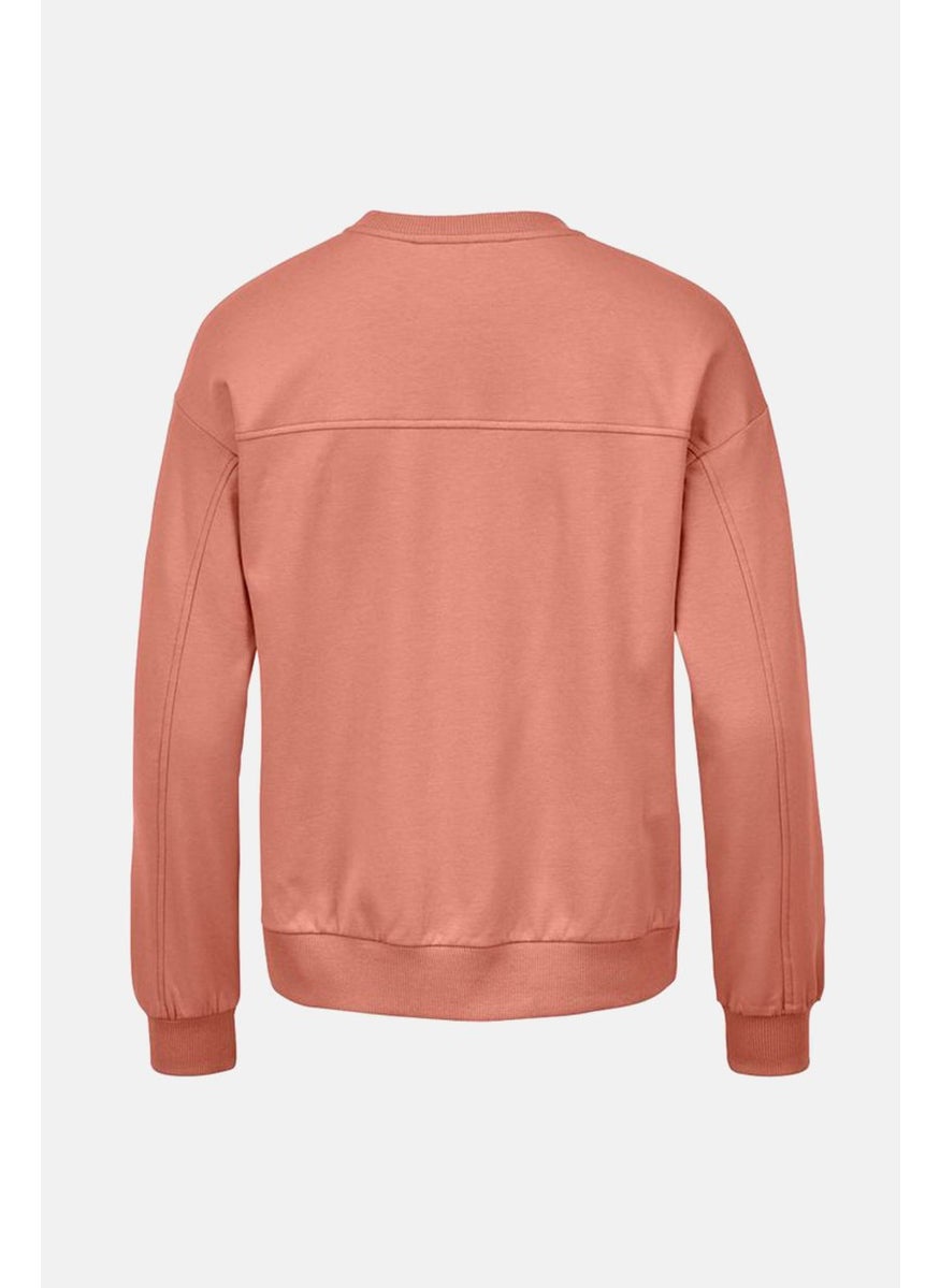 Women Crew Neck Long Sleeves Plain Sweatshirt, Orange