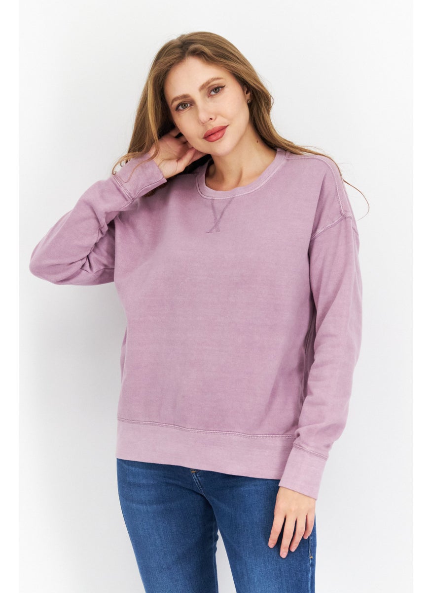 Women Crew Neck Long Sleeves Plain Sweatshirt, Purple
