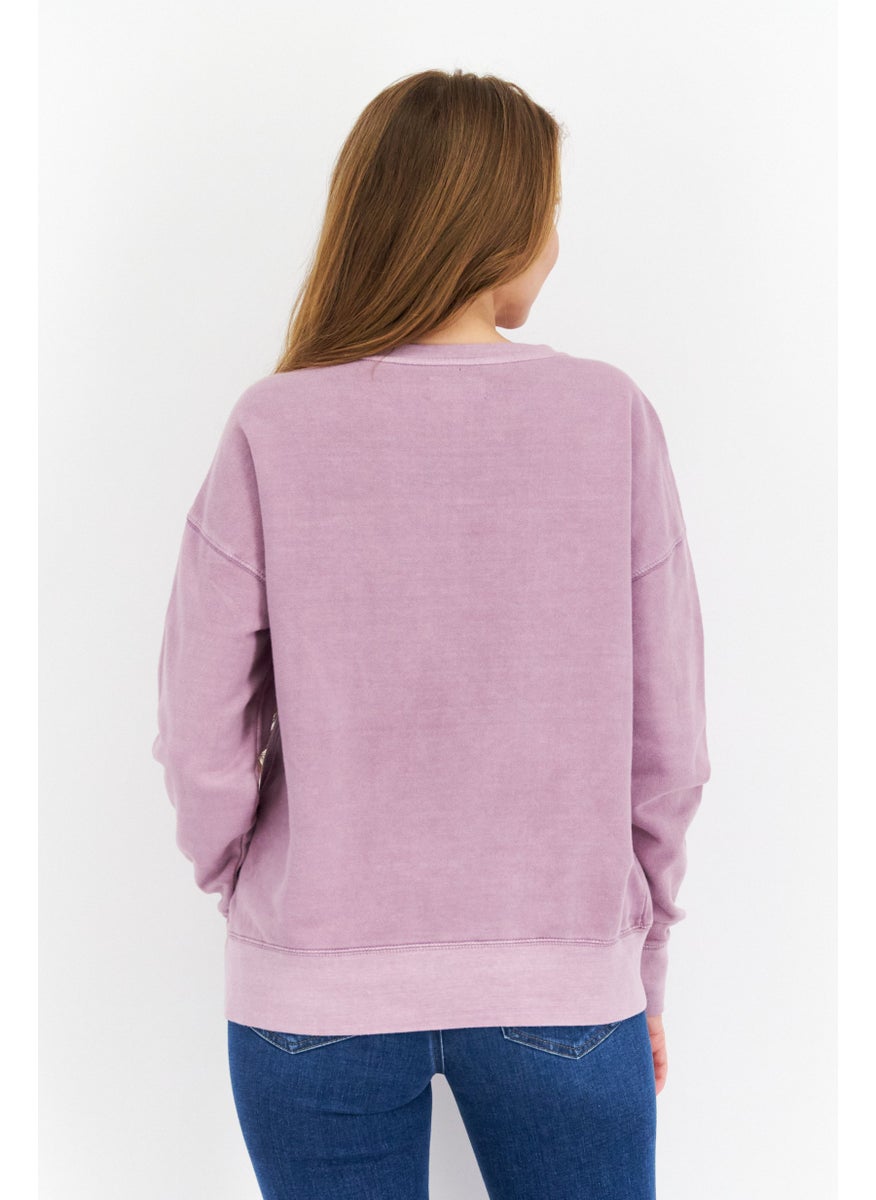 Women Crew Neck Long Sleeves Plain Sweatshirt, Purple