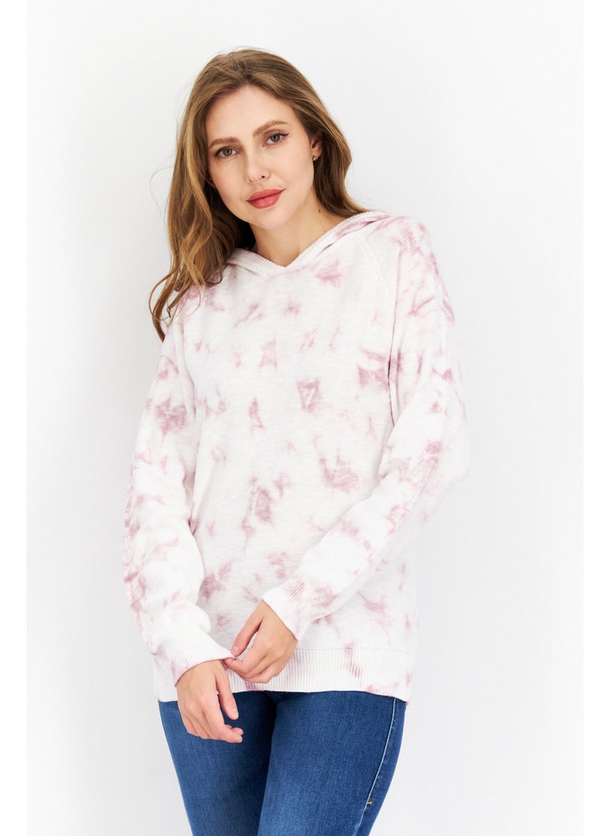 Women Hooded Long Sleeve Tie Dye Sweatshirt, White