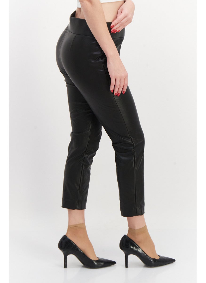 Women Petite Solid Faux Leather Pull On Pant, Black