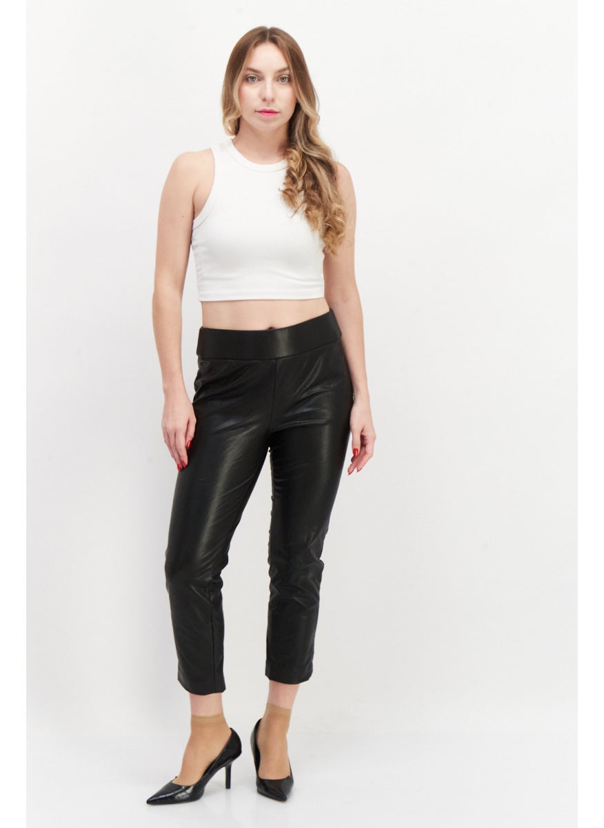 Women Petite Solid Faux Leather Pull On Pant, Black