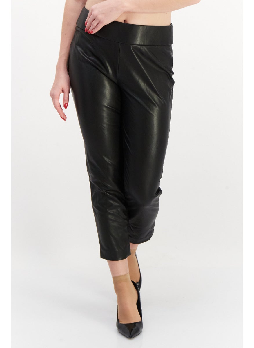 Women Petite Solid Faux Leather Pull On Pant, Black
