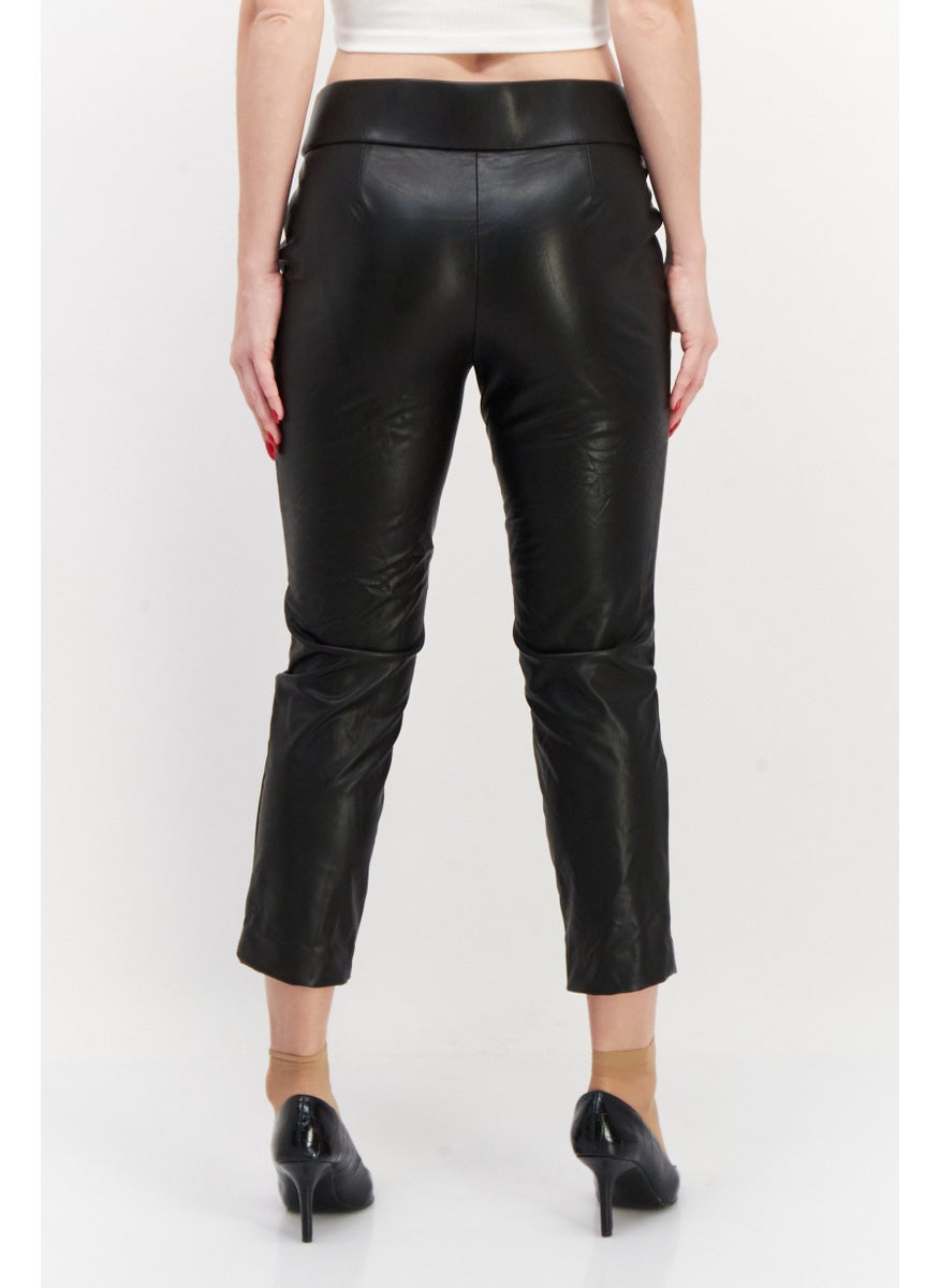 Women Petite Solid Faux Leather Pull On Pant, Black