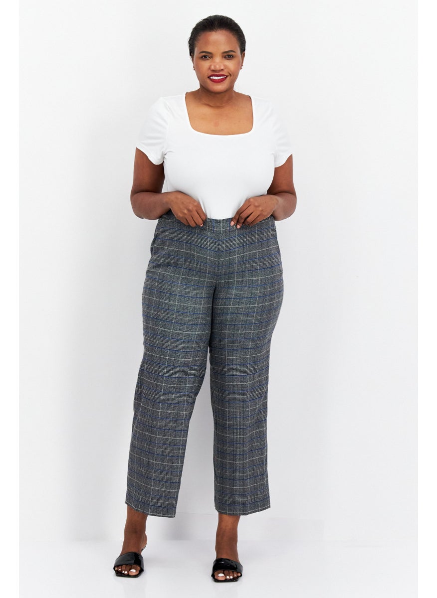 Women Plus Size Plaid Straight Pants, Grey Combo