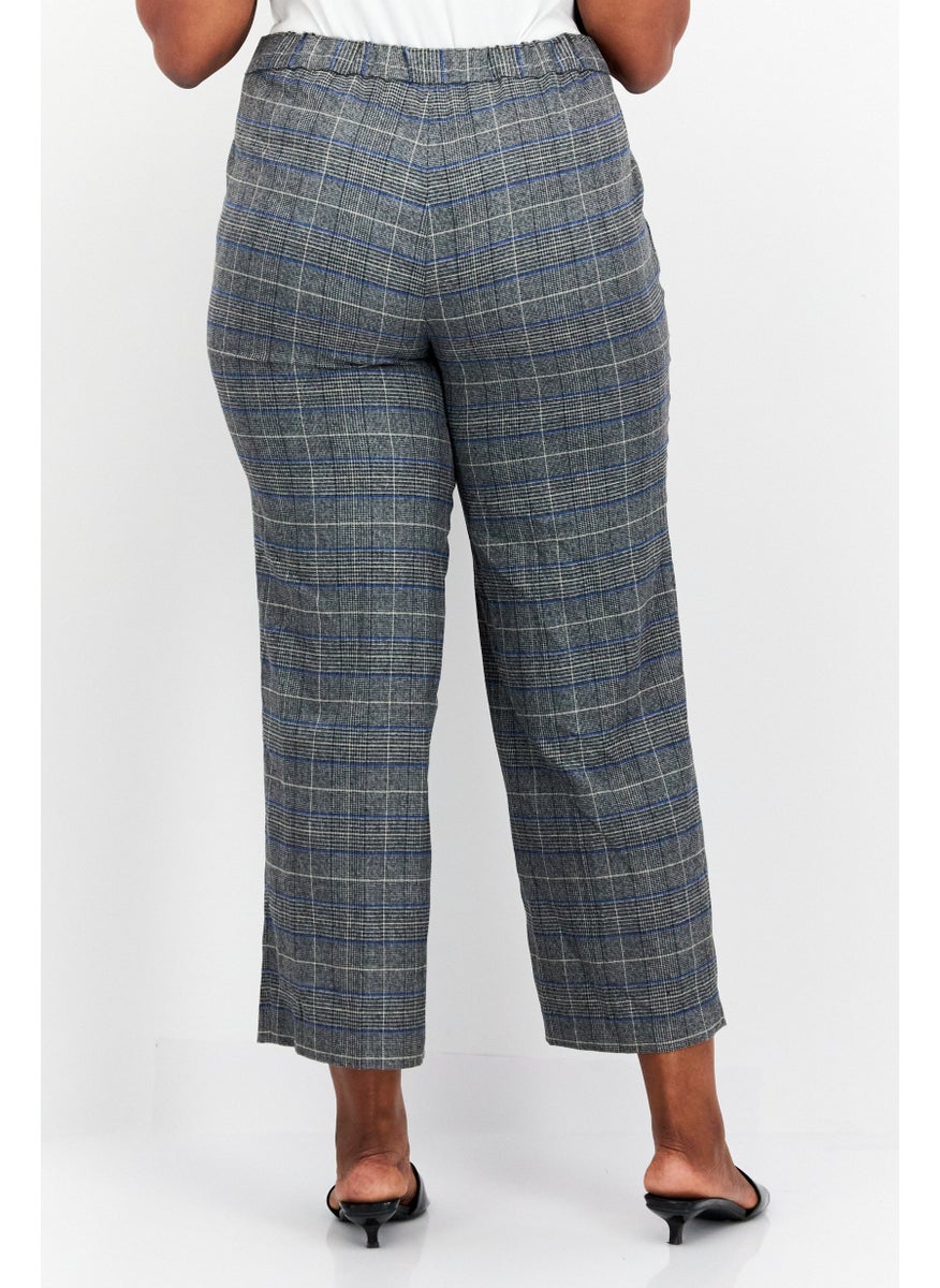 Women Plus Size Plaid Straight Pants, Grey Combo