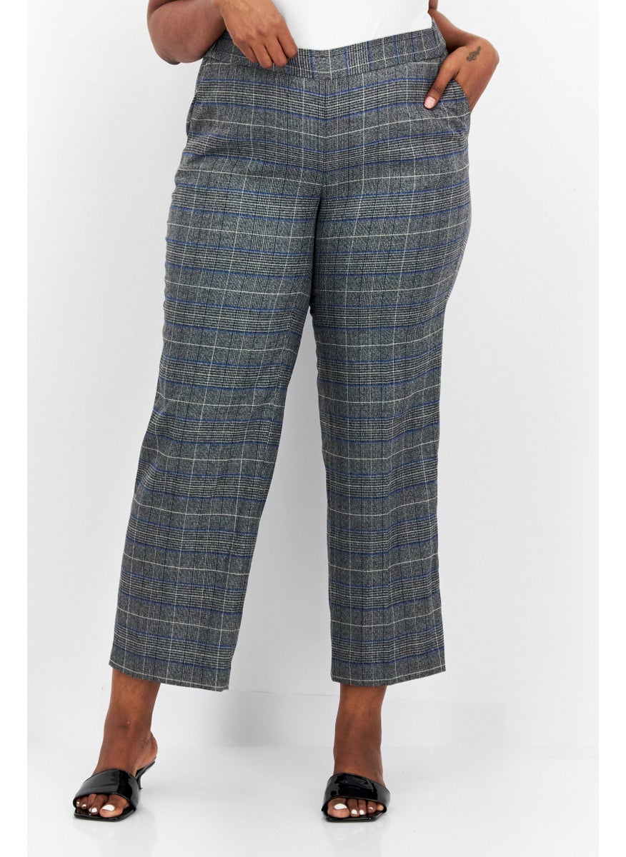Women Plus Size Plaid Straight Pants, Grey Combo