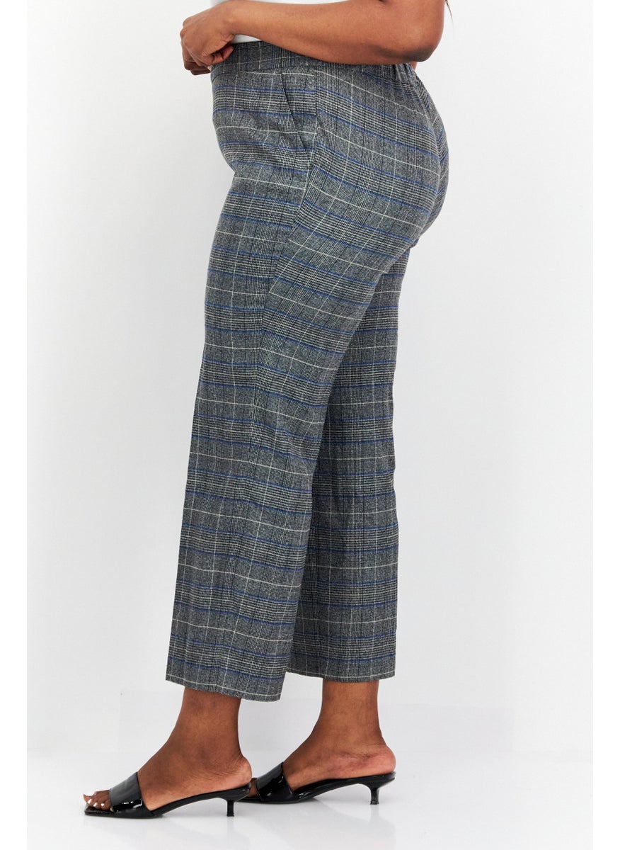 Women Plus Size Plaid Straight Pants, Grey Combo