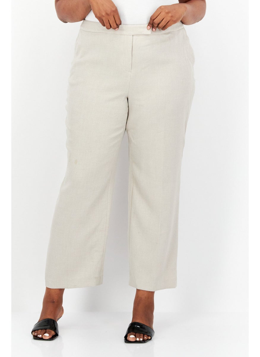 Women Plus Size Wide Leg Textured Pants, Beige