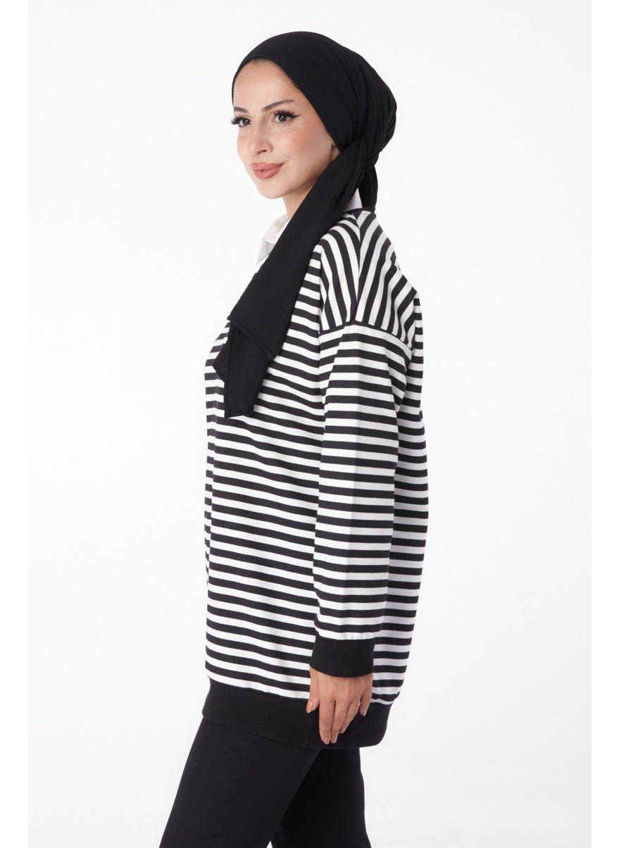 Plain Crew Neck Women's Black Striped Sweat - 26248