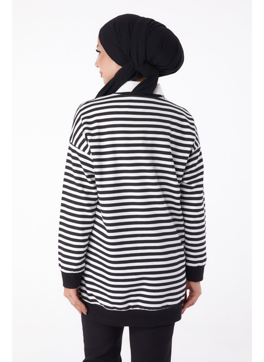 Plain Crew Neck Women's Black Striped Sweat - 26248