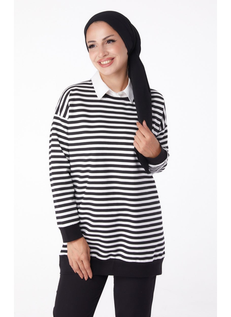 Plain Crew Neck Women's Black Striped Sweat - 26248