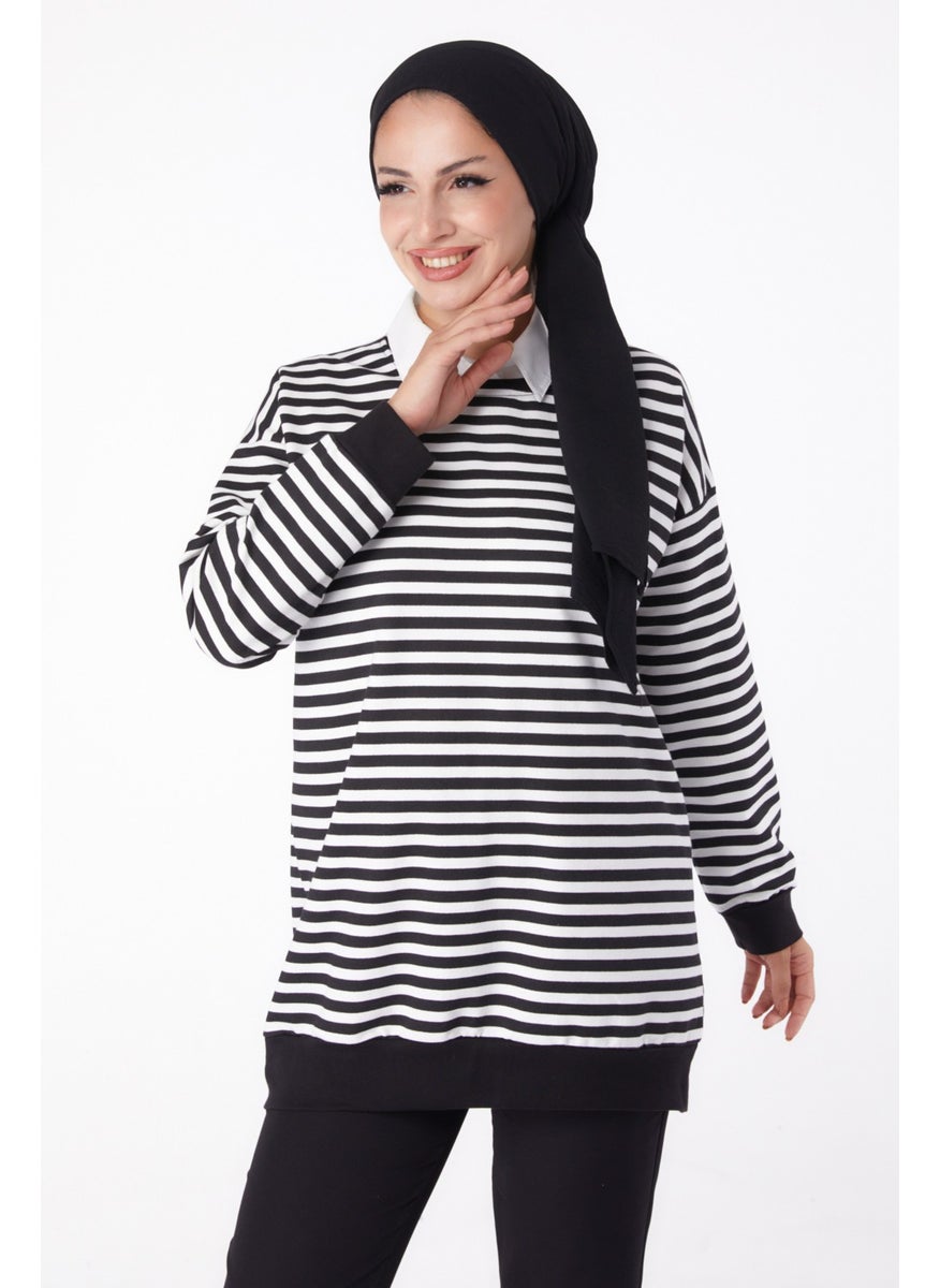 Plain Crew Neck Women's Black Striped Sweat - 26248