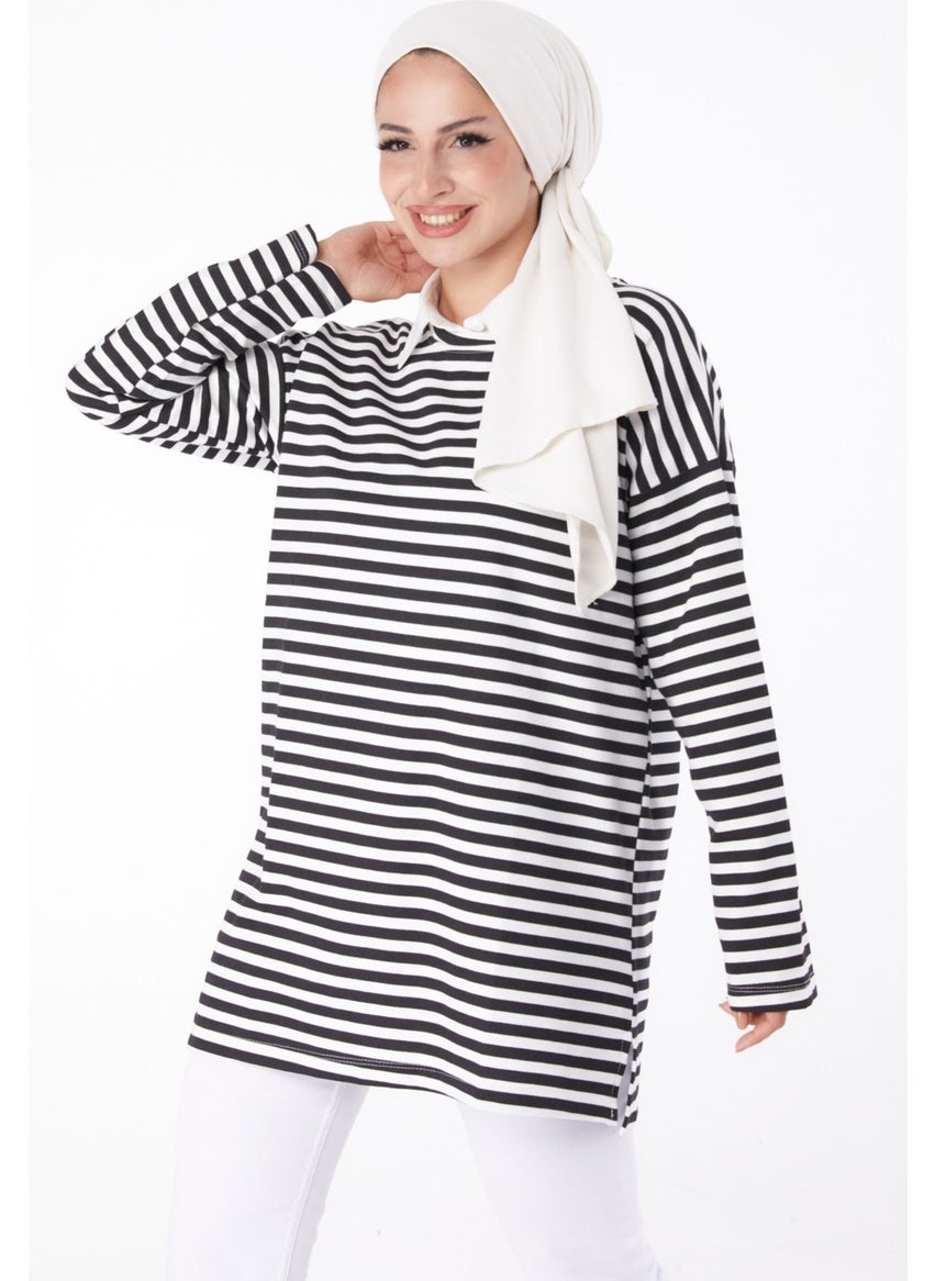 Plain Crew Neck Women's Black Striped Sweat - 26242